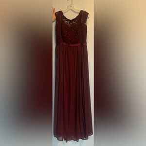 David’s Bridal Wine Two Shoulder Corded Lace Bodice Dress